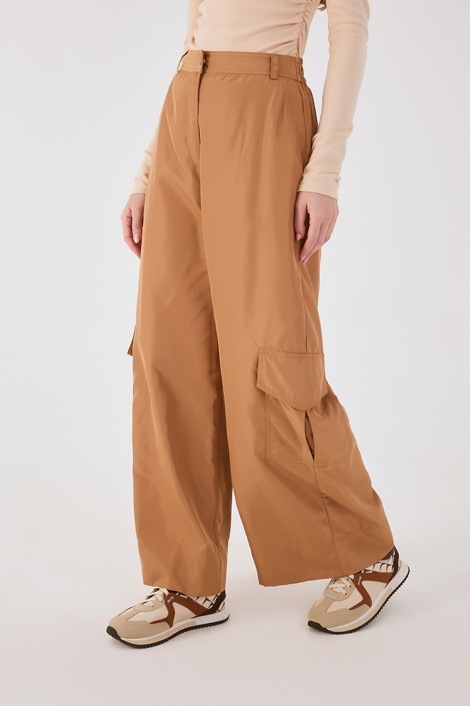 Beige Leme Elastic Waist Pockets Utility Pants
