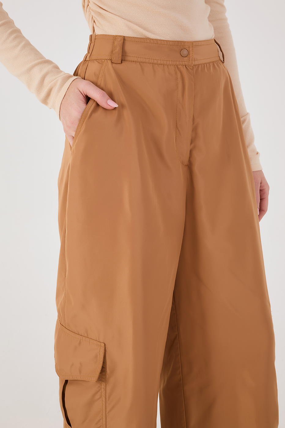 Beige Leme Elastic Waist Pockets Utility Pants