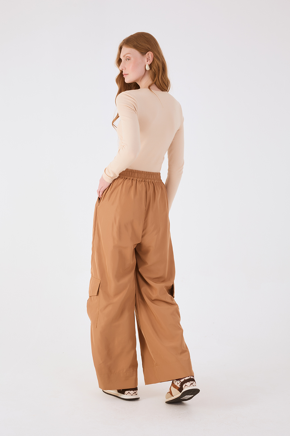Beige Leme Elastic Waist Pockets Utility Pants