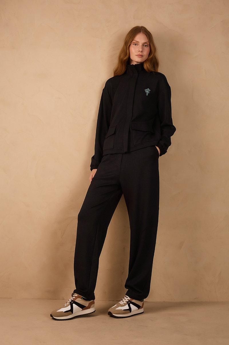Black Elastic Waist Ribbed Pants_1