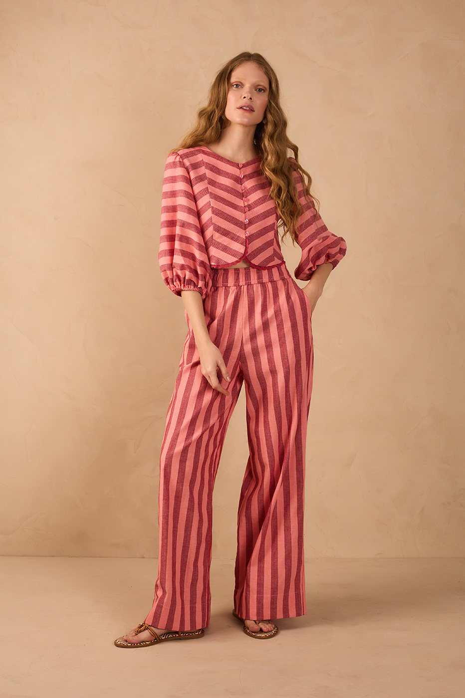 Pink Bromelia Elastic Waist Pockets Wide-Leg Pants