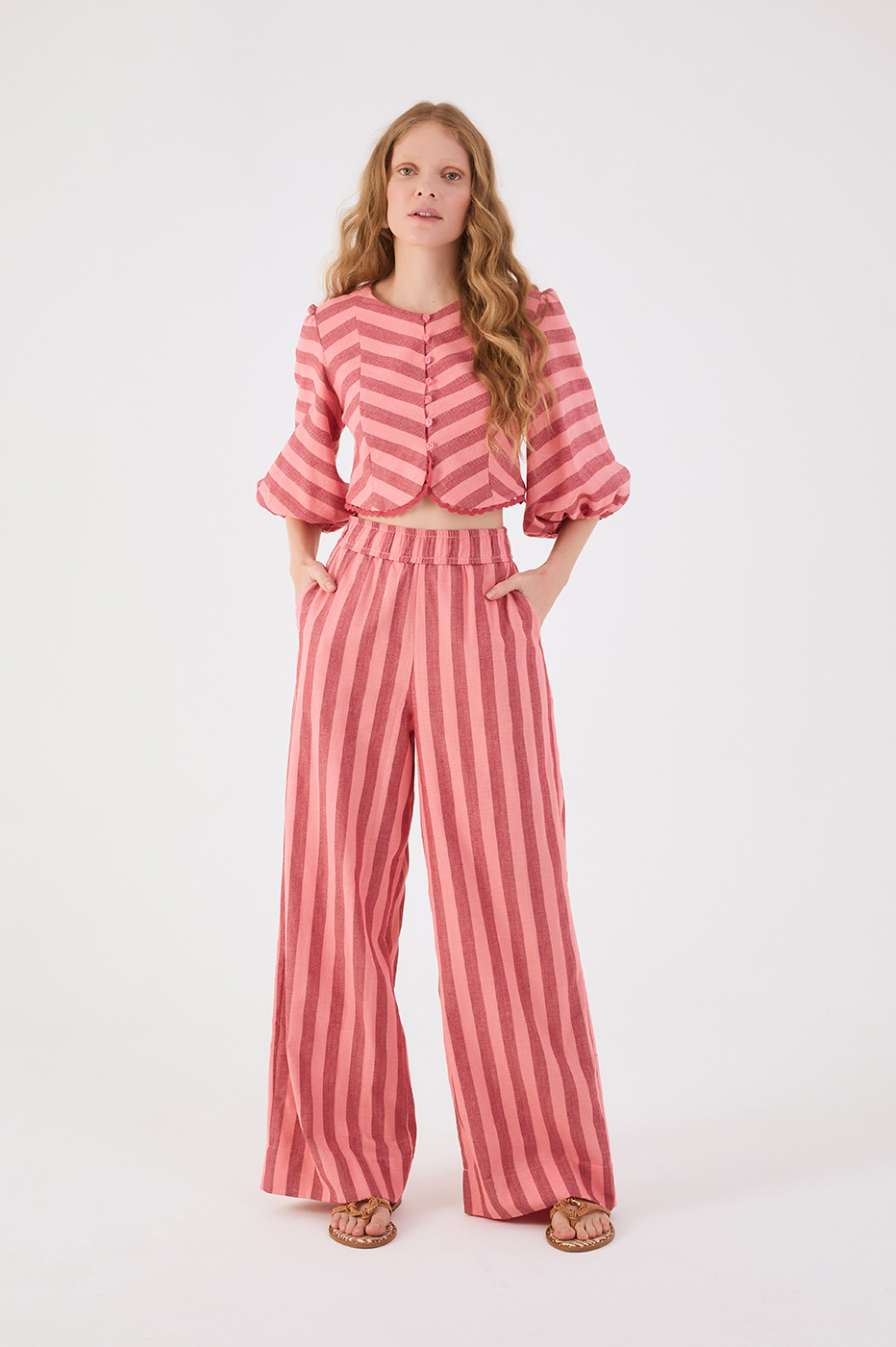 Pink Bromelia Elastic Waist Pockets Wide-Leg Pants