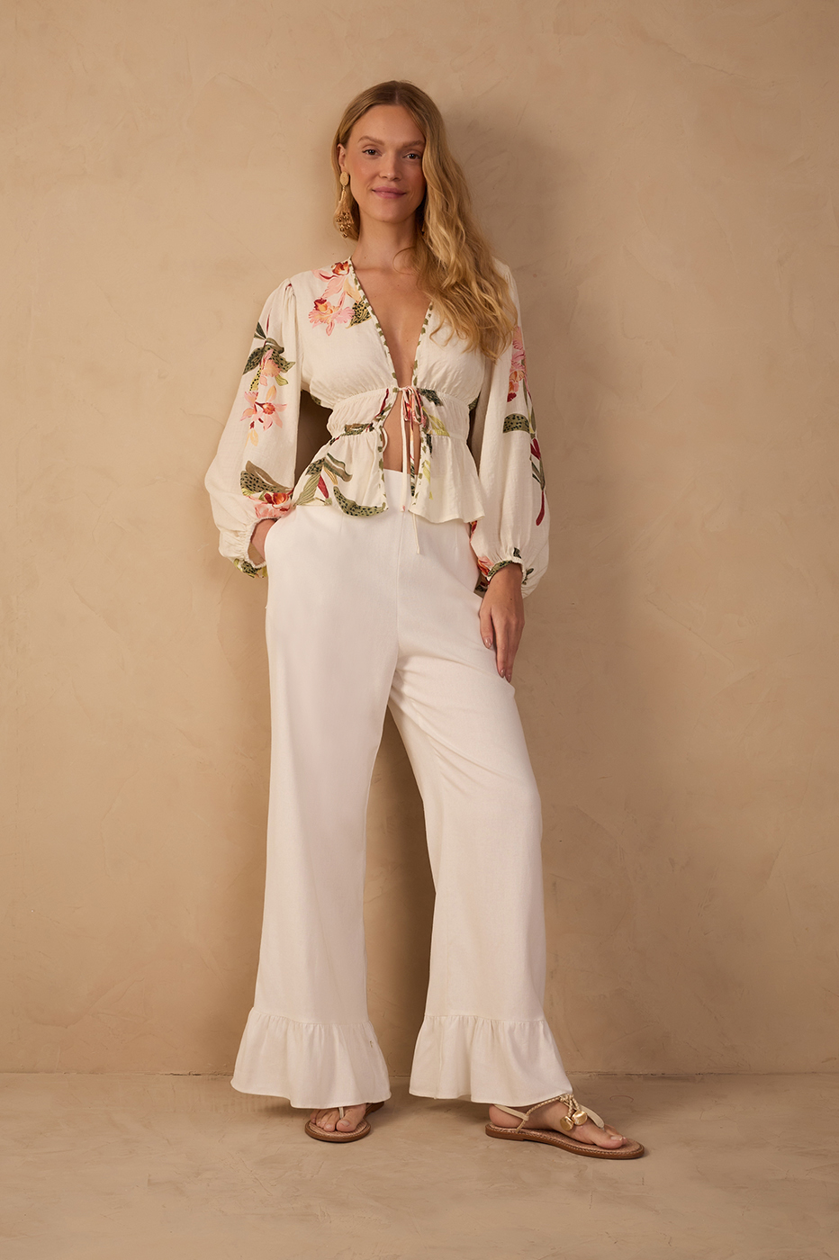 Straight Linen Ruffle Hem Pants_1