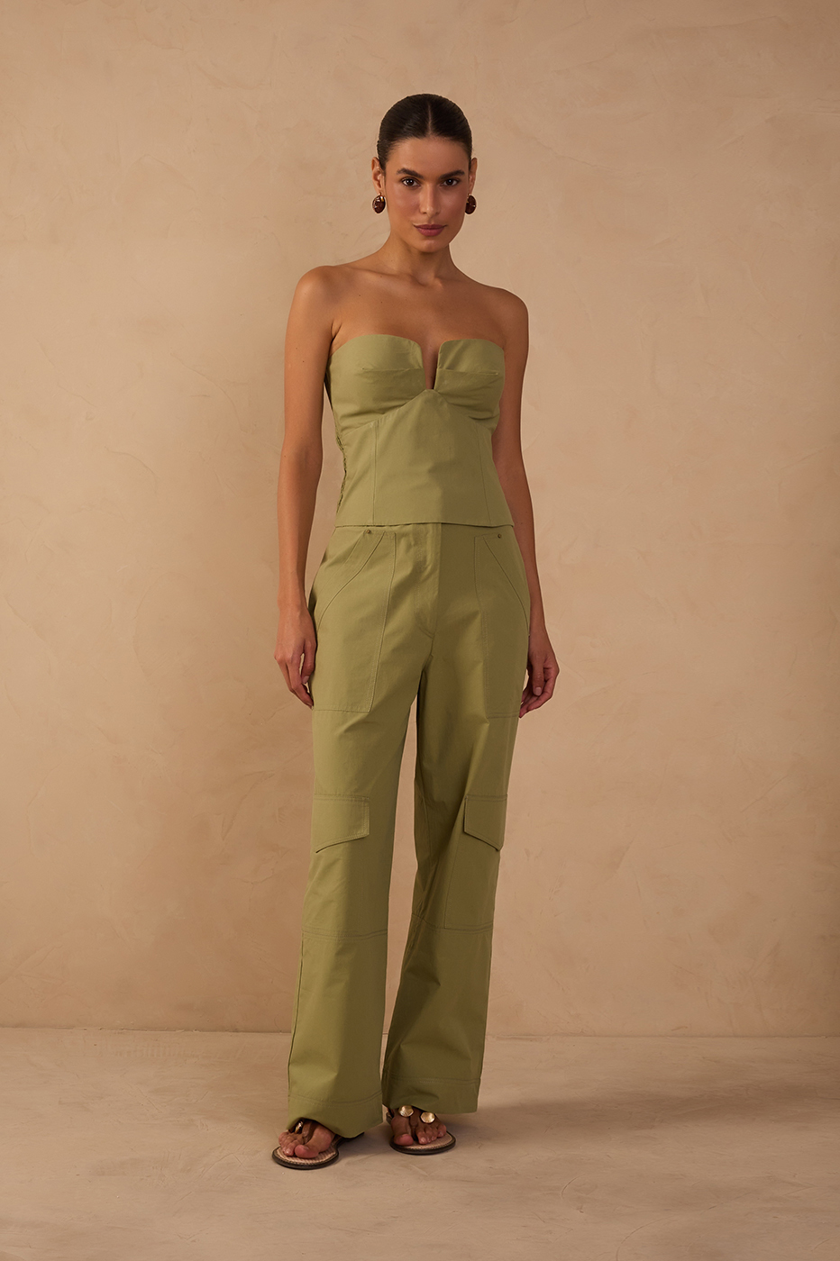 Green Rivet Pockets Wide-Leg Pants_1