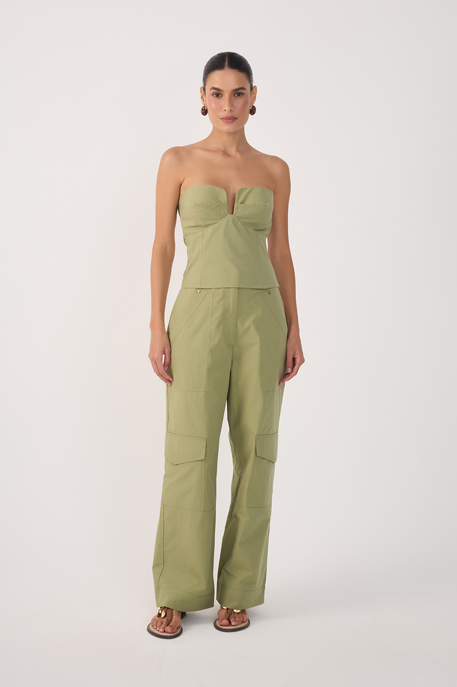 Green Rivet Pockets Wide-Leg Pants_2