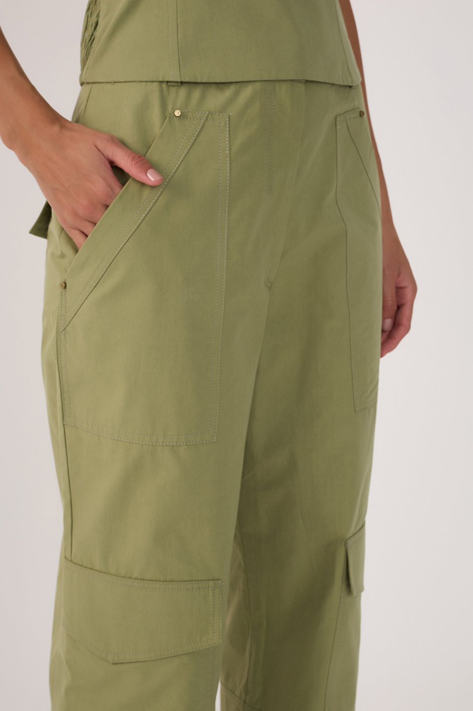 Green Rivet Pockets Wide-Leg Pants_4