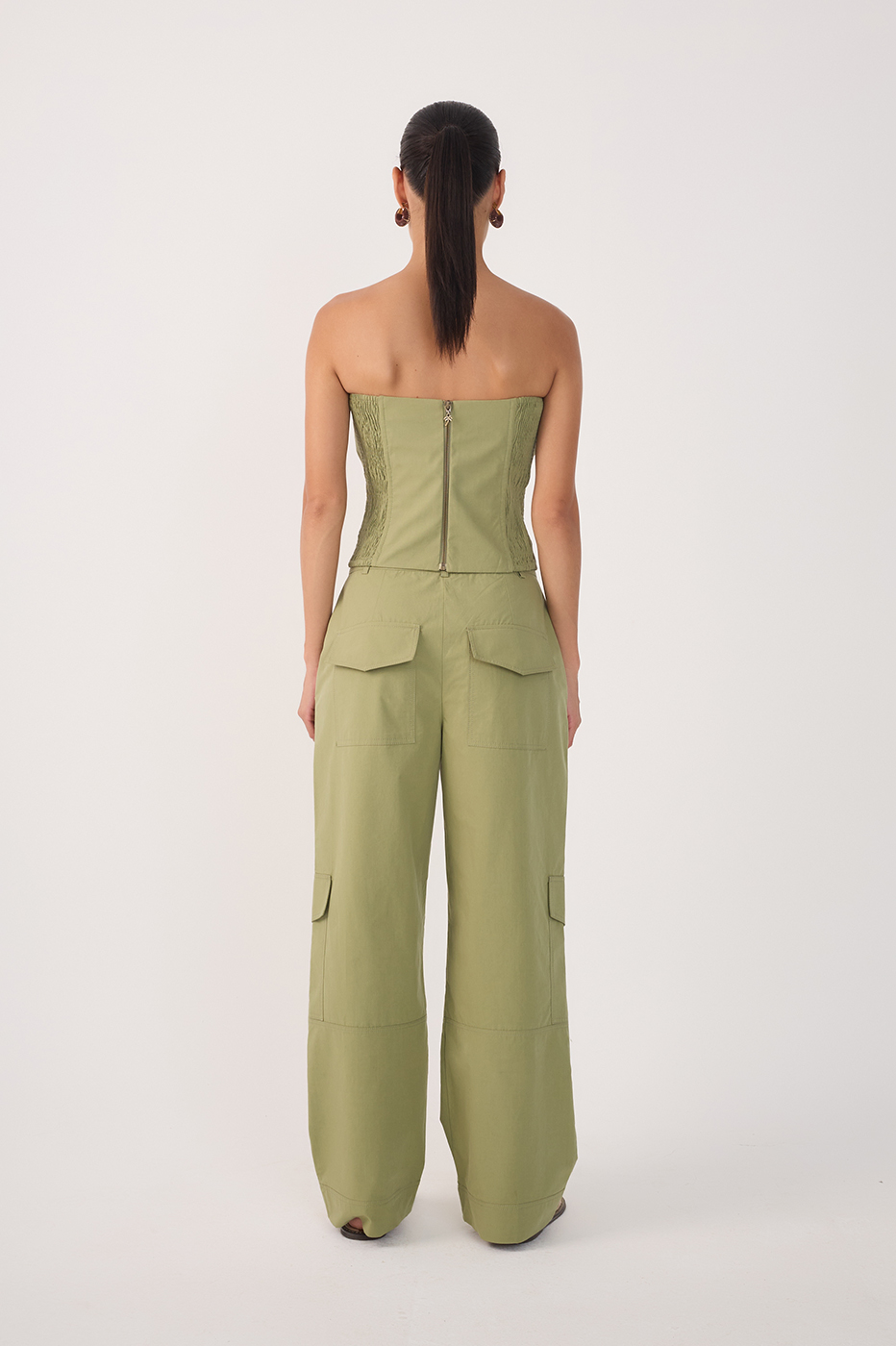 Green Rivet Pockets Wide-Leg Pants_5