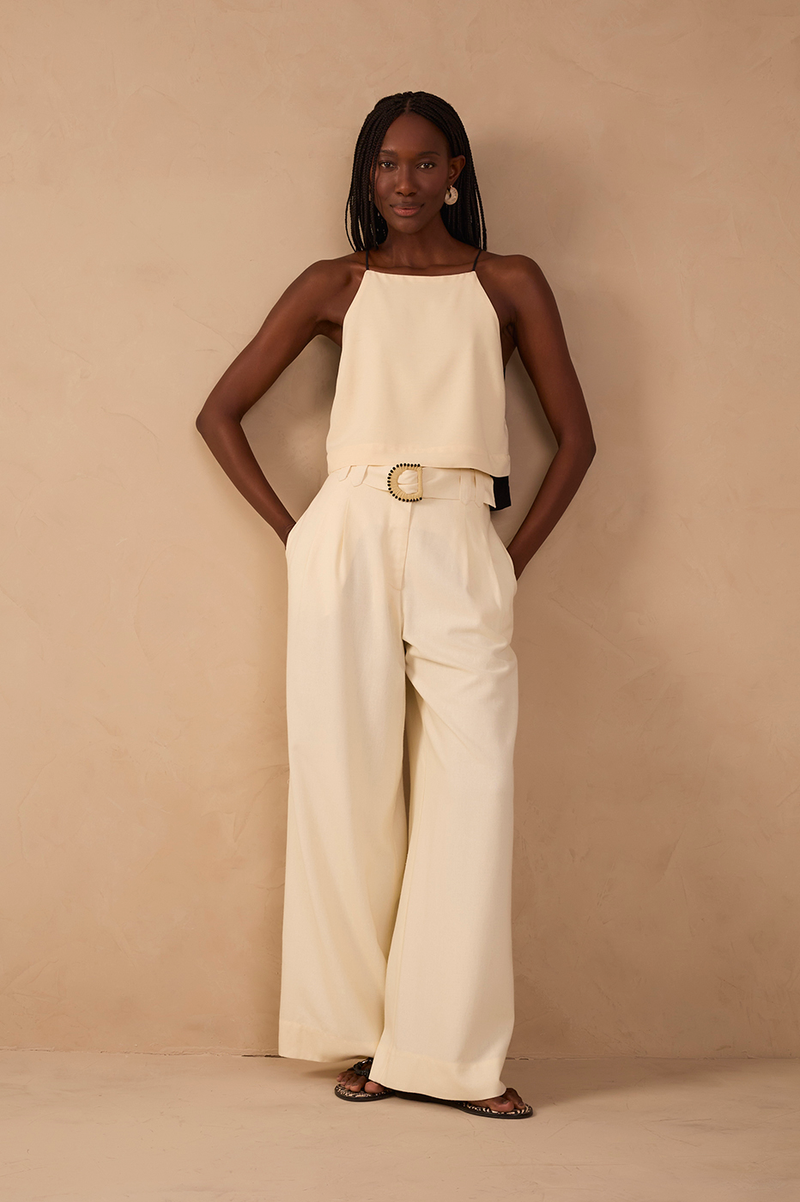 Beige Beaded Buckle Wide-Leg Linen Pants_1