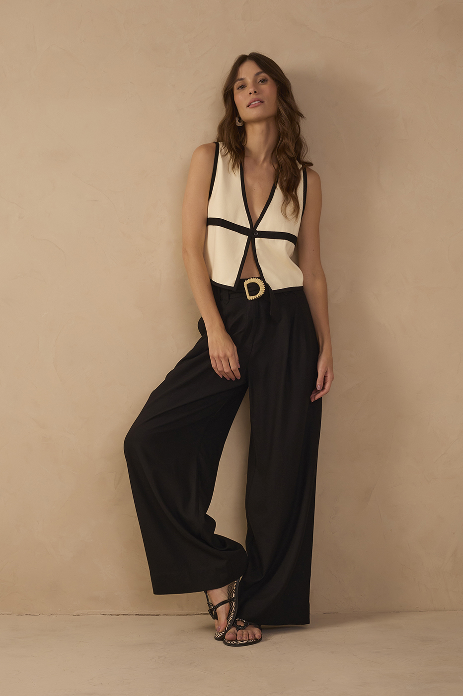 Wide-Leg Linen Beaded Buckle Pants_1
