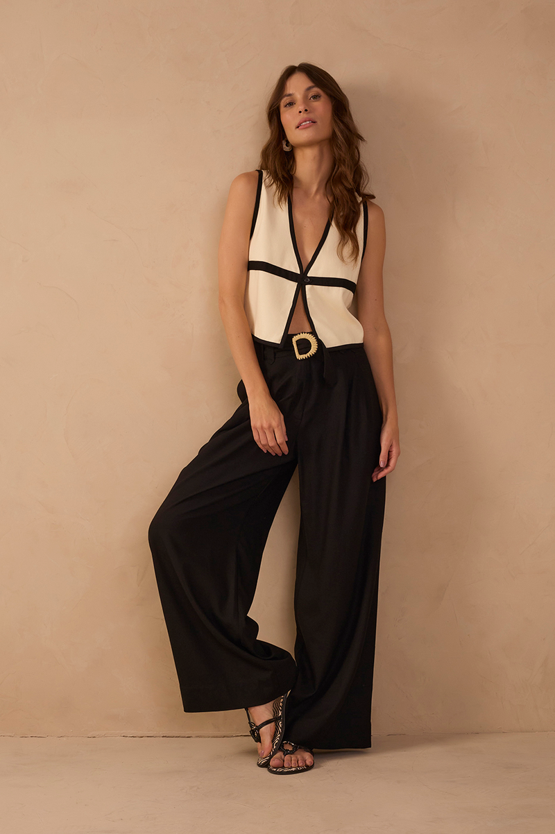 Black Beaded Buckle Wide-Leg Linen Pants_1