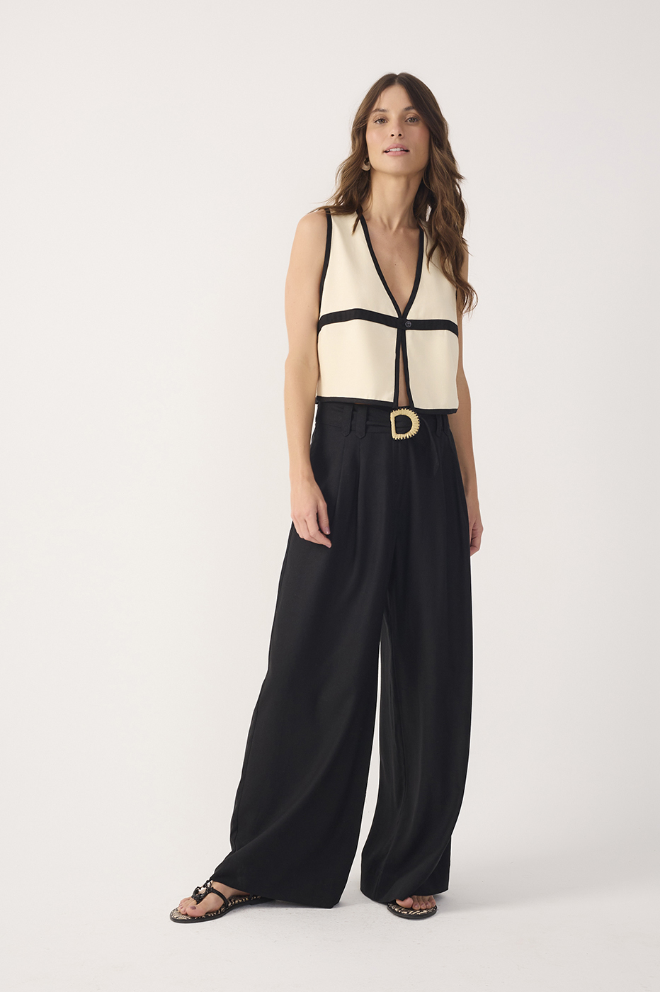Wide-Leg Linen Beaded Buckle Pants_2