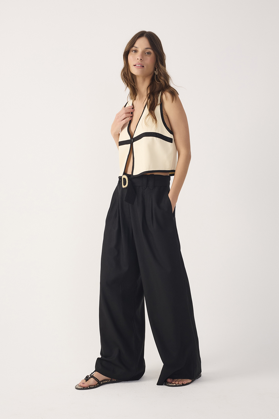 Wide-Leg Linen Beaded Buckle Pants_3