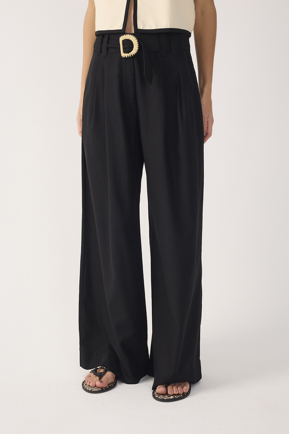 Wide-Leg Linen Beaded Buckle Pants_4
