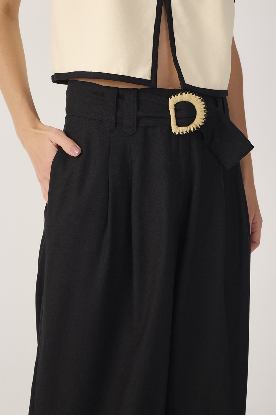 Wide-Leg Linen Beaded Buckle Pants_5