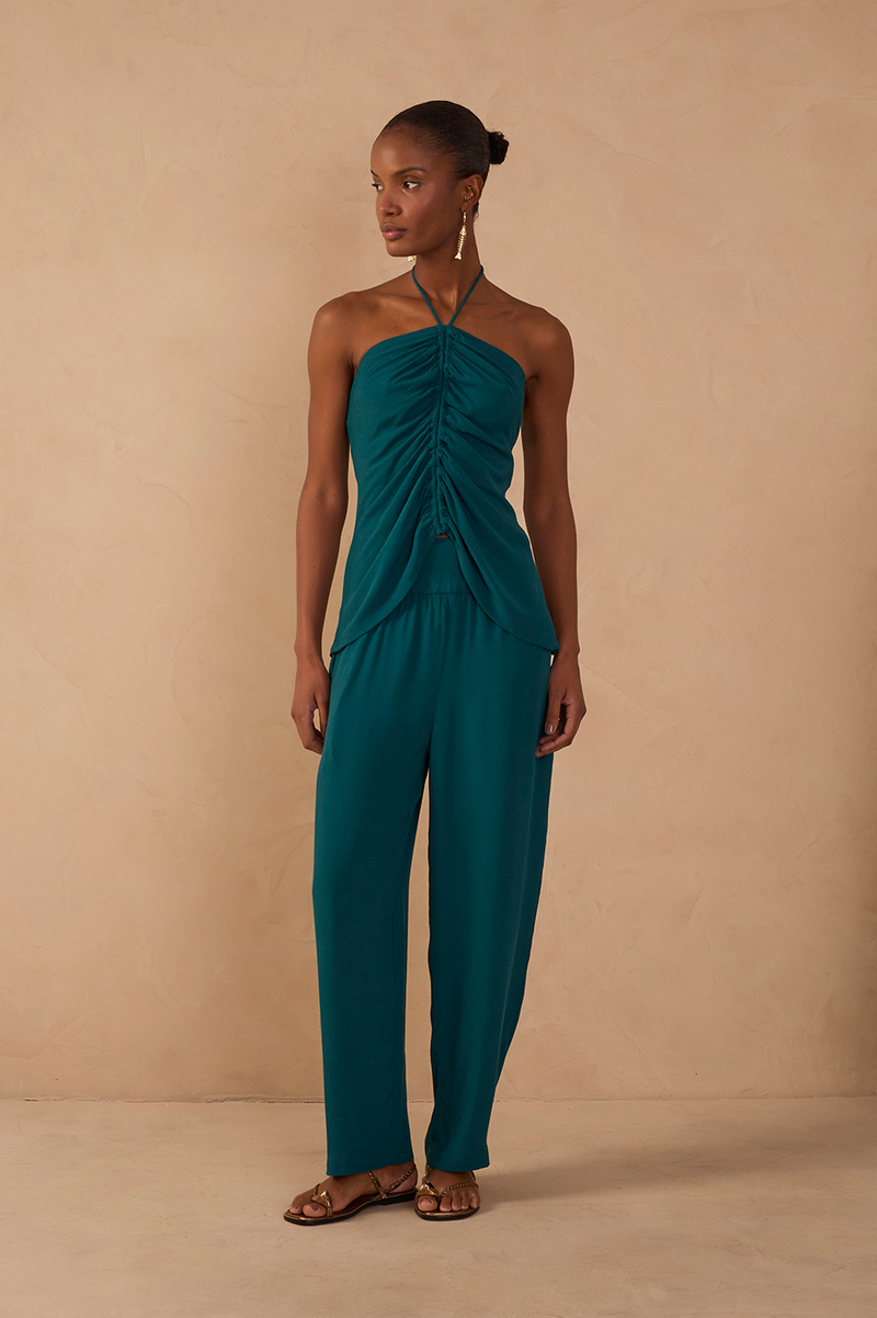 Green Ruched Wide Leg Crepe Pants_1