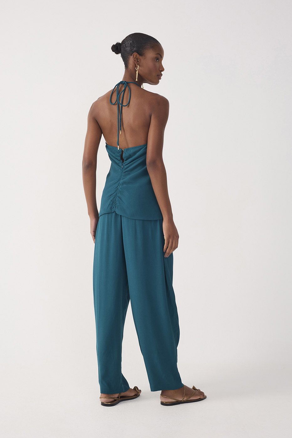 Green Ruched Wide Leg Crepe Pants_5