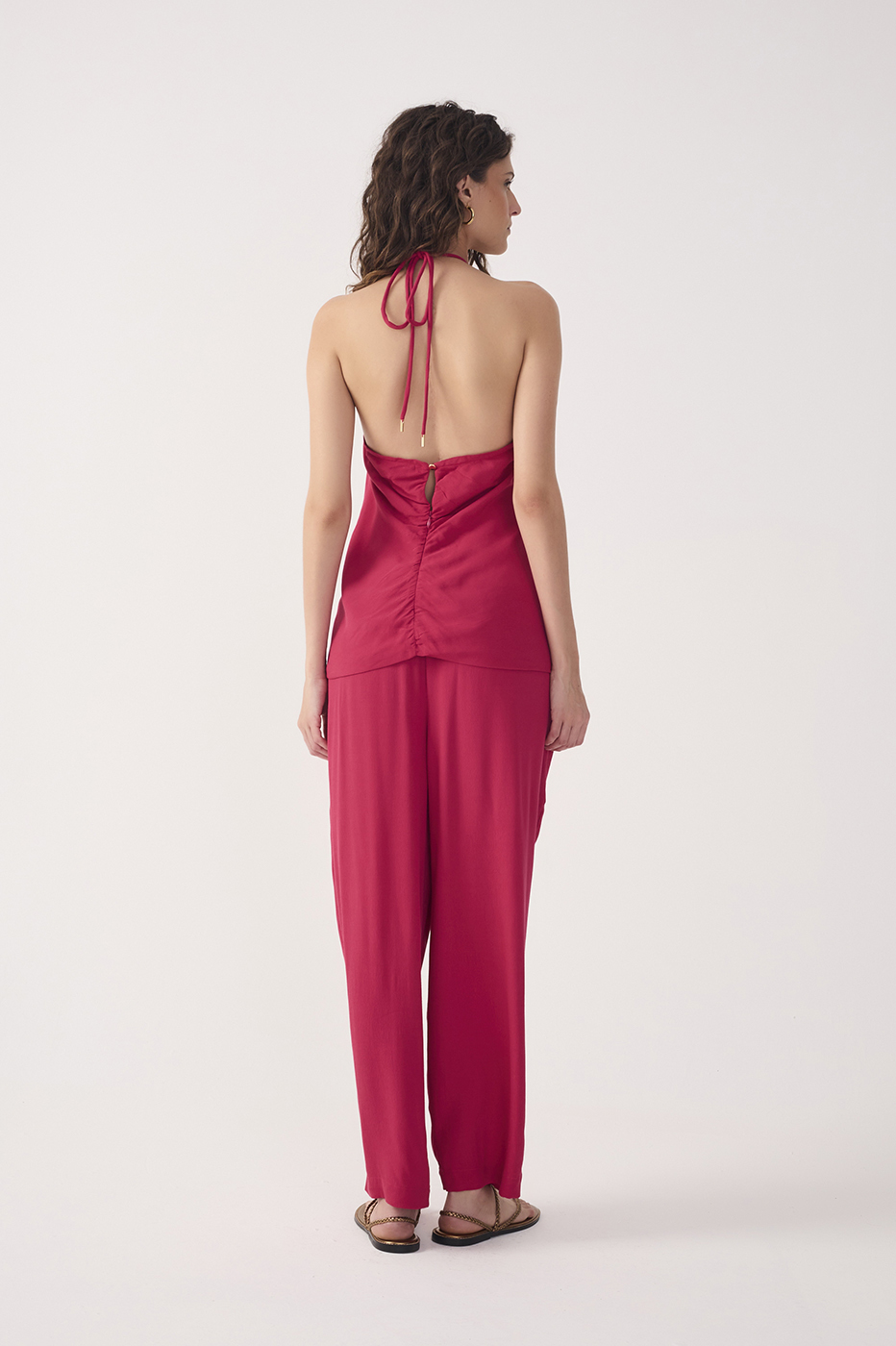 Pink Ruched Wide Leg Crepe Pants_5
