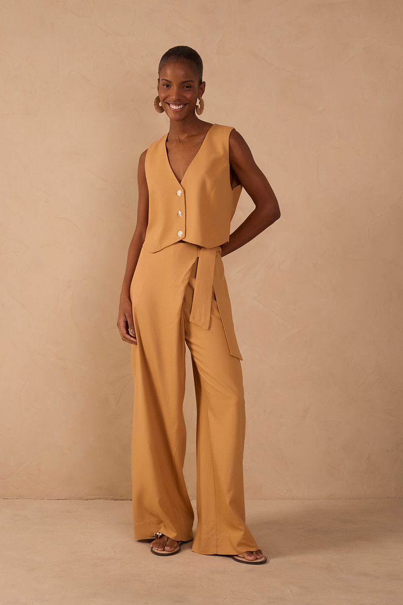 Beige Wrap Wide-Leg Linen Pants_1