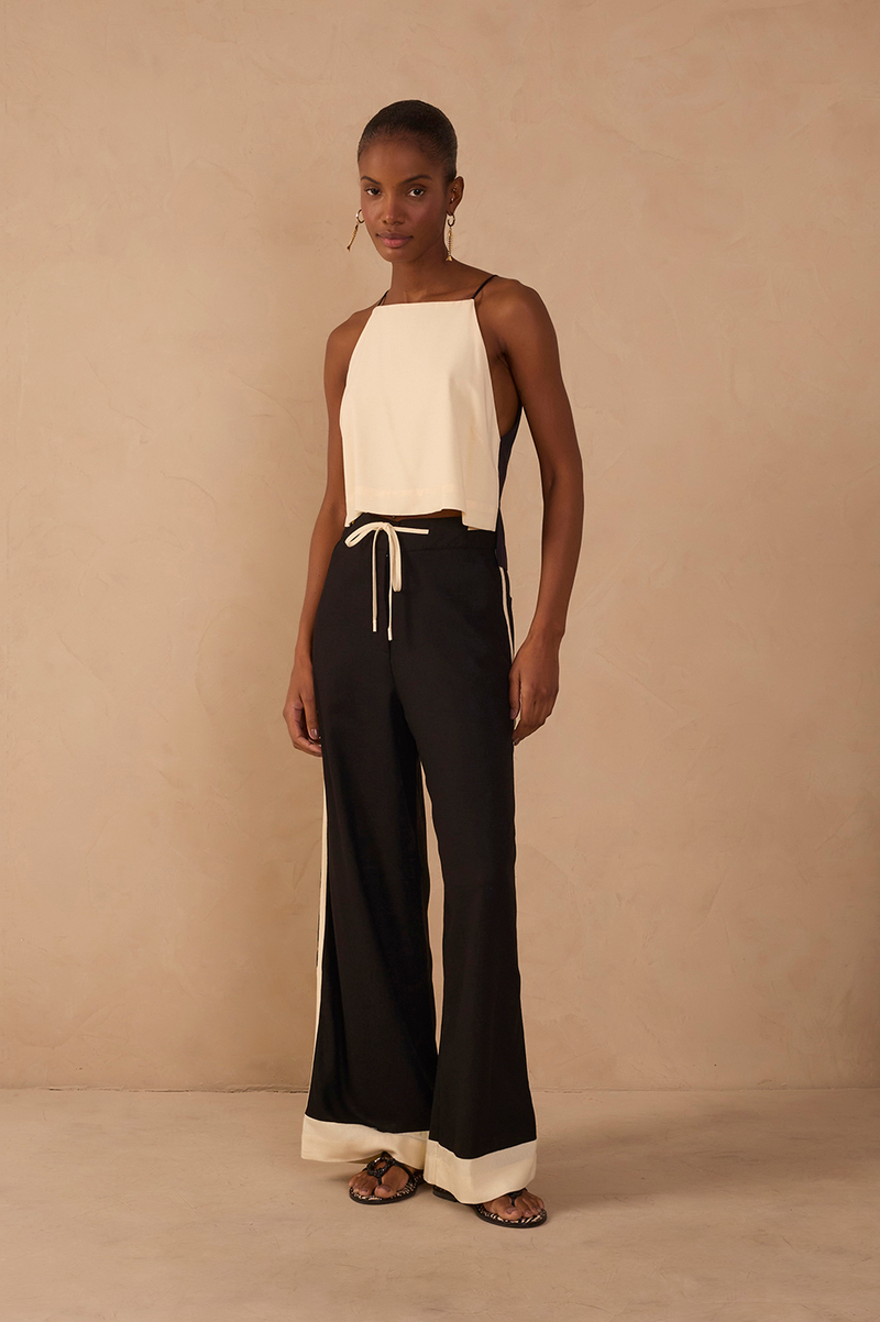 Black Drawstring Pockets Wide-Leg Linen Pants_1