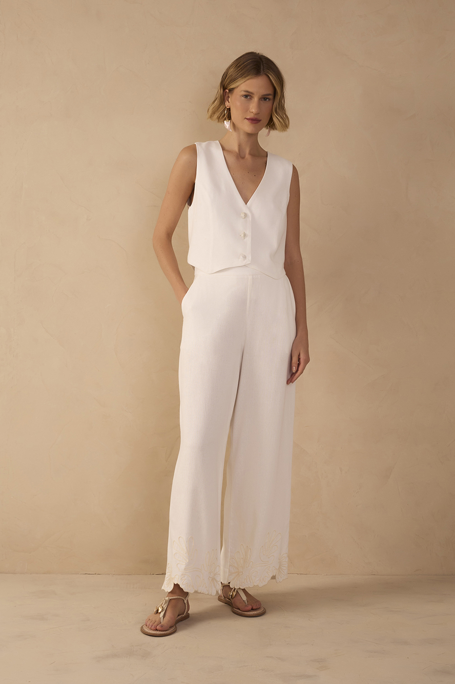 Off-White Embroidered Hem Linen Pants in Off White