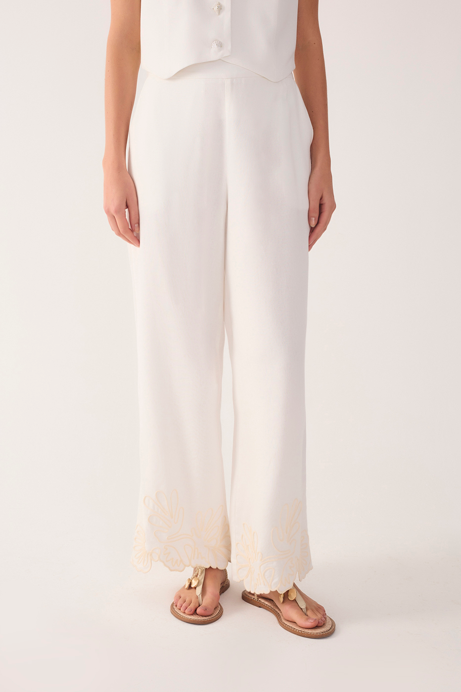 Embroidered-Hem Linen Pants