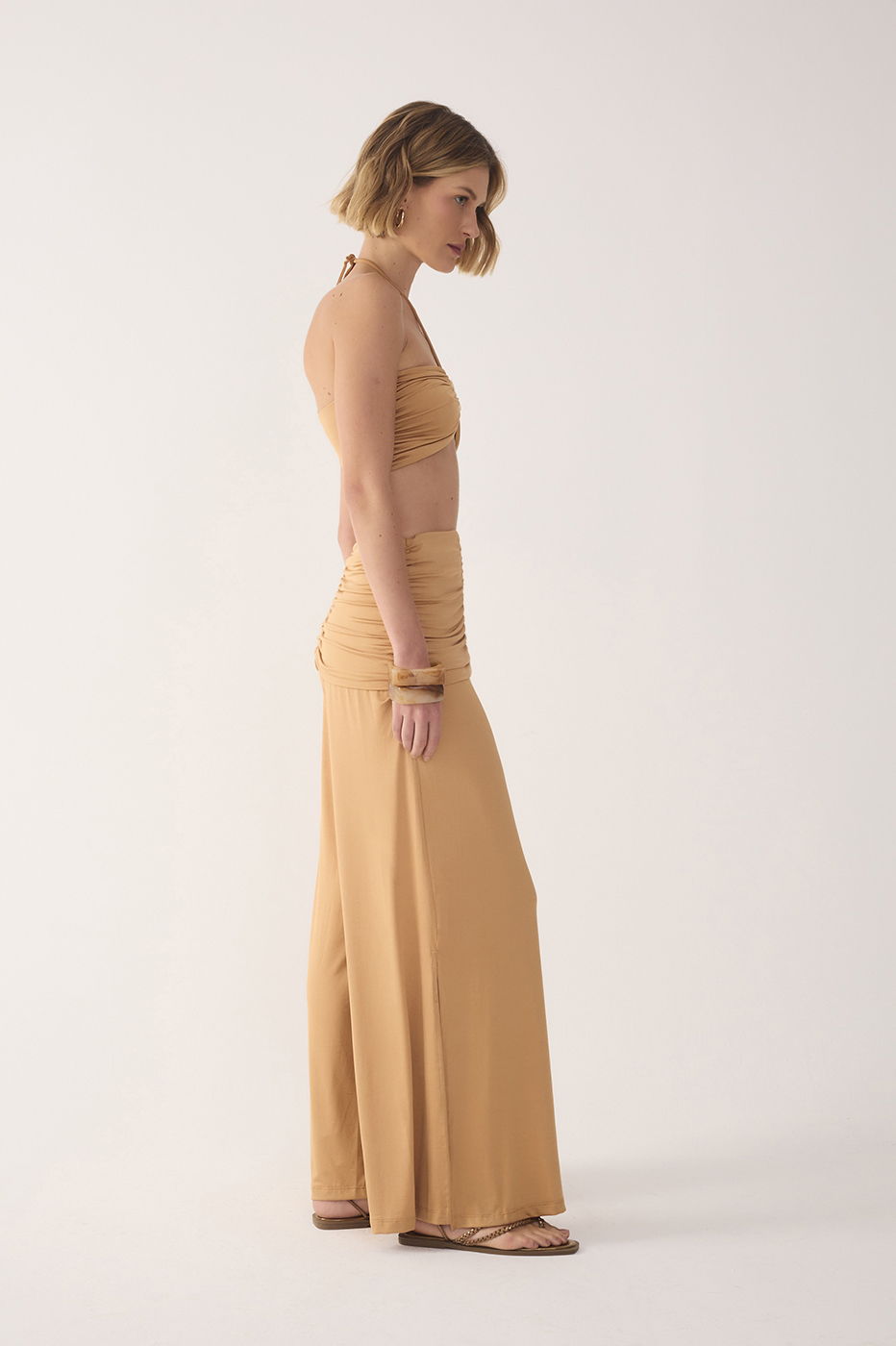 Beige Ruched Jersey Pants_3