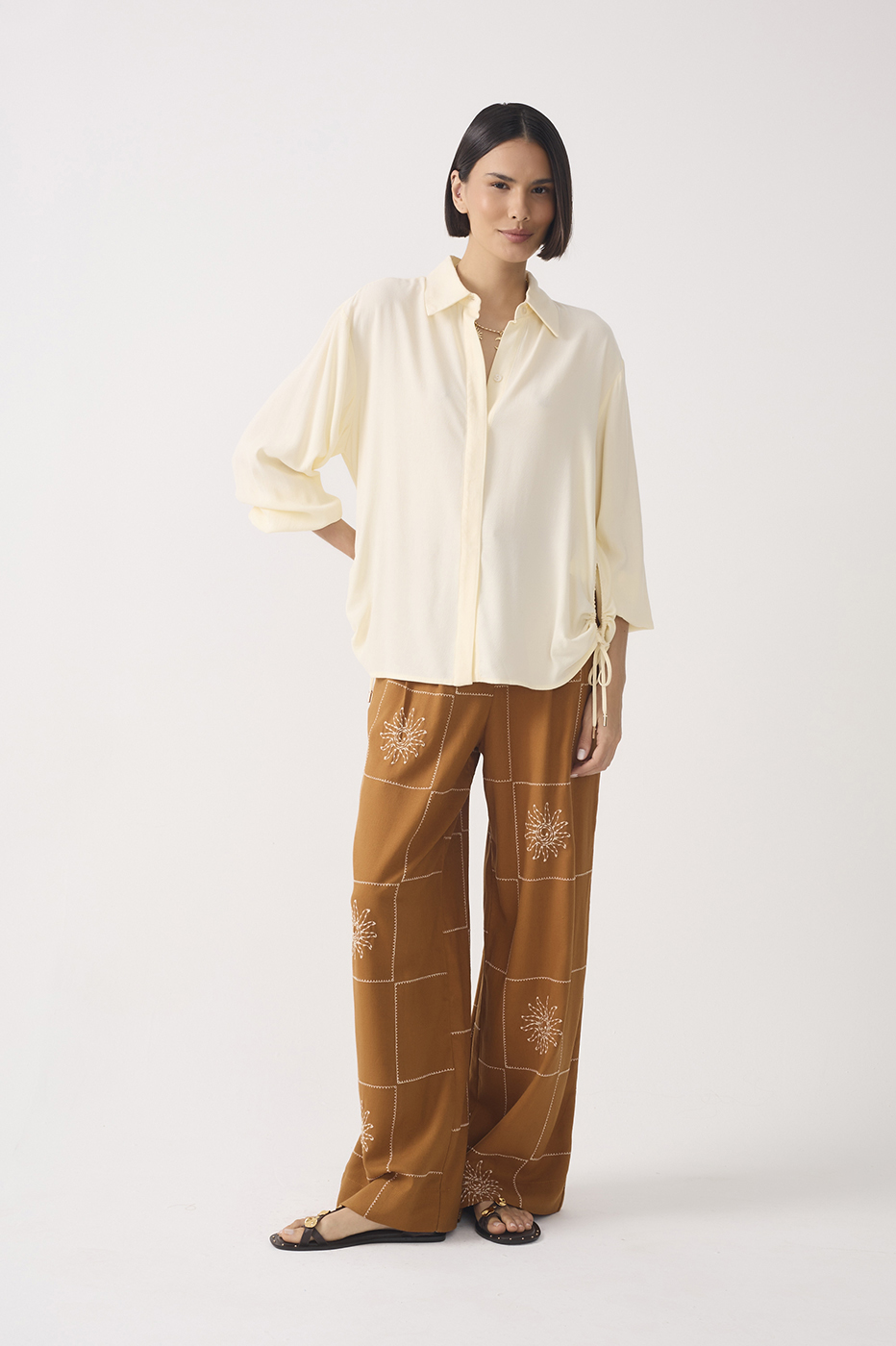 Embroidered Plaid Wide-Leg Linen Pants_2