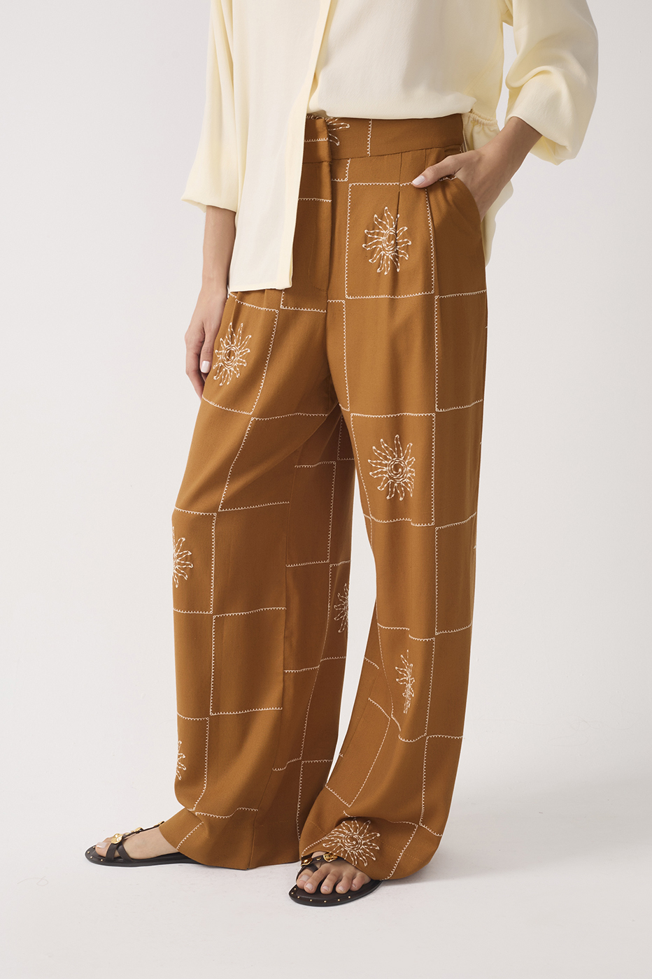 Embroidered Plaid Wide-Leg Linen Pants_4