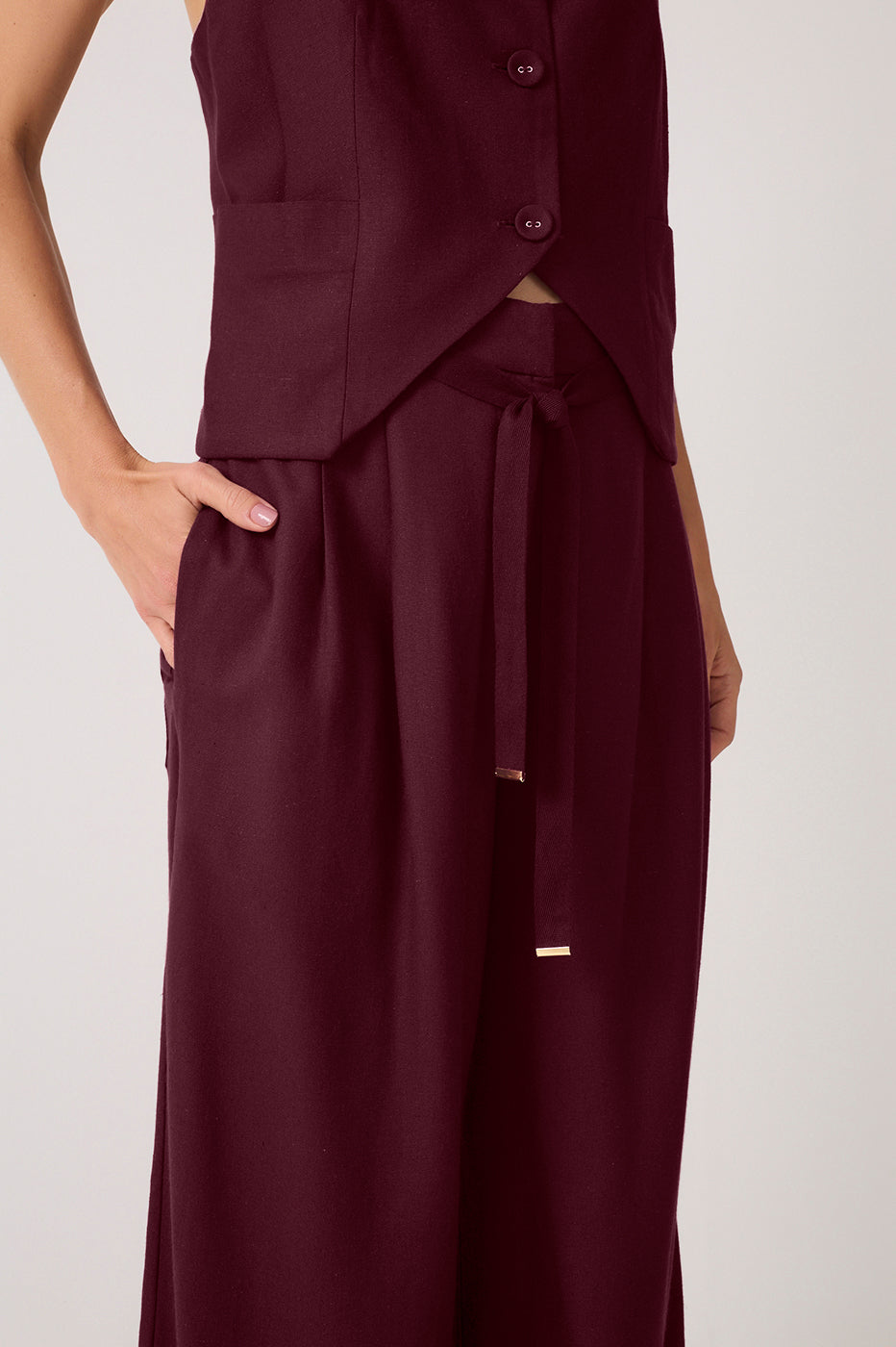 Drawstring Pockets Pleated Wide-leg Linen Pants_5