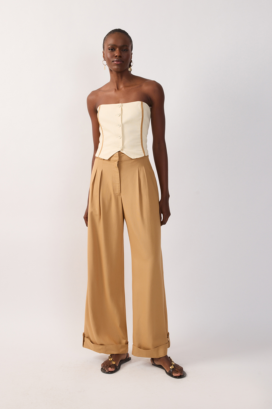 Drawstring Pockets Pleated Wide-leg Linen Pants_2