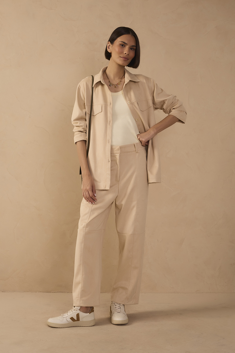 Beige Pockets Belt Loops Suede Pants_1