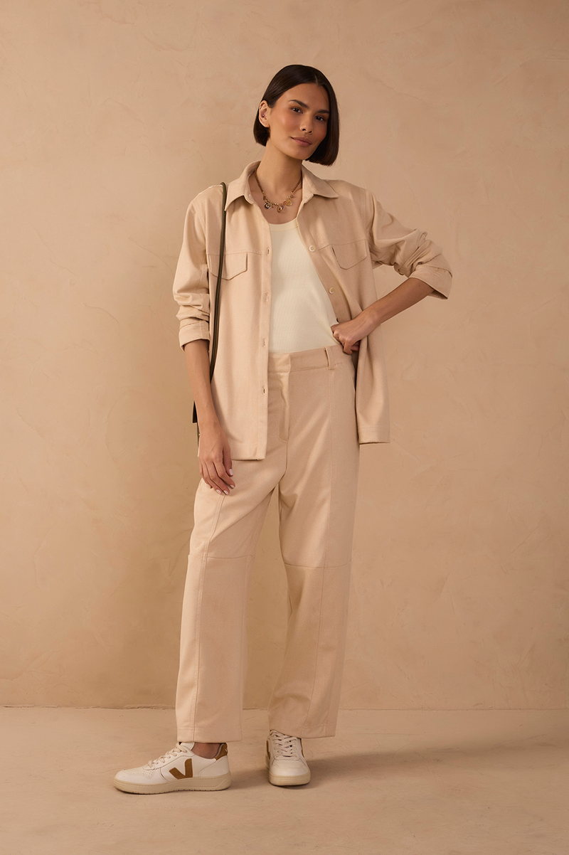 Beige Pockets Belt Loops Suede Pants_1