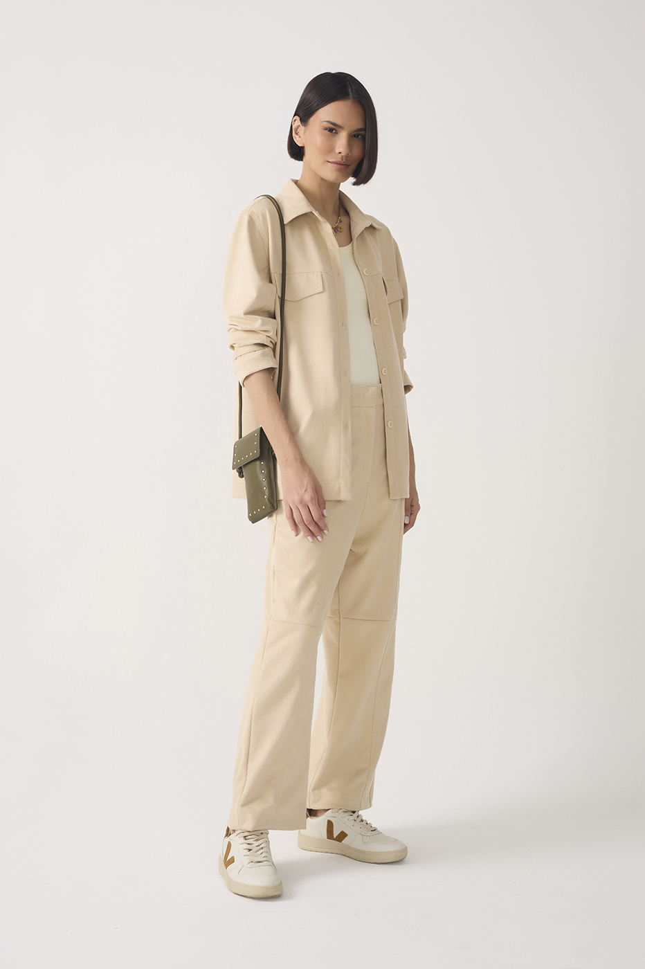 Beige Pockets Belt Loops Suede Pants_2