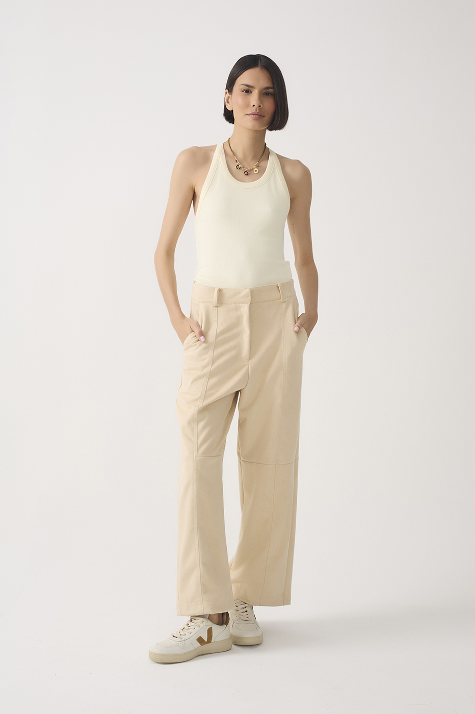 Beige Pockets Belt Loops Suede Pants_3