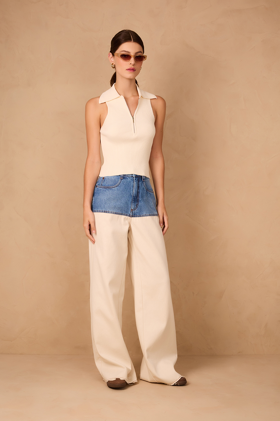 Denim And Off-White Pockets Twill Pants