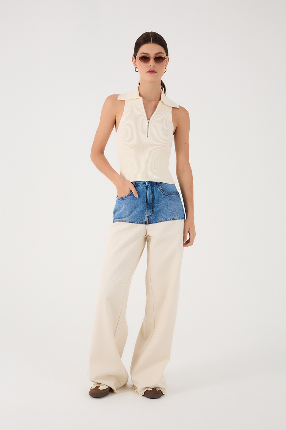 Denim And Off-White Pockets Twill Pants