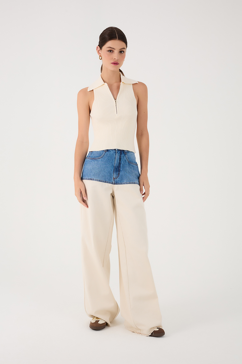 Denim And Off-White Pockets Twill Pants