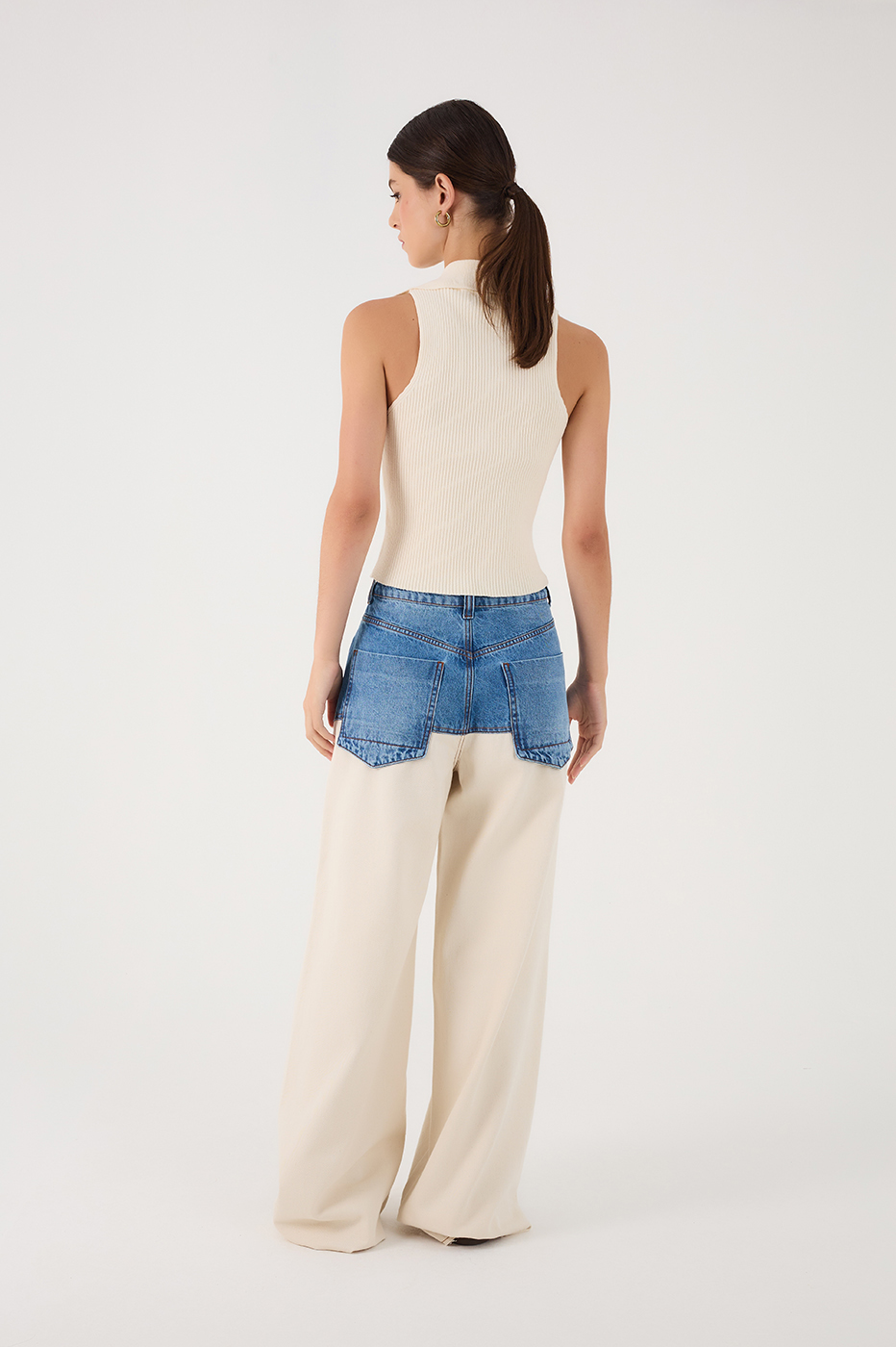 Denim And Off-White Pockets Twill Pants