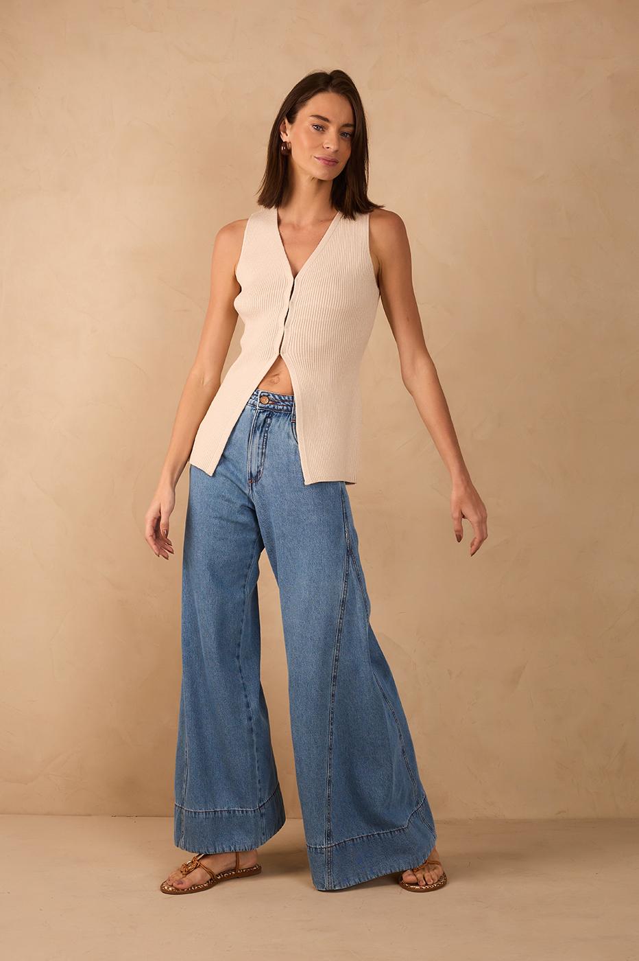 Denim Seam Detail Pockets Belt Loops Flare Pants