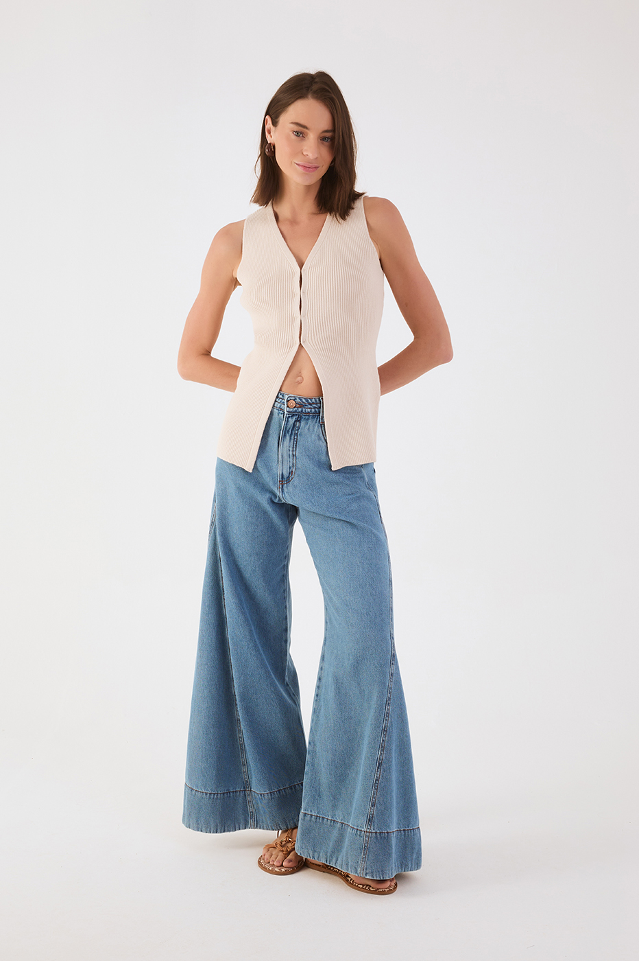 Denim Seam Detail Pockets Belt Loops Flare Pants