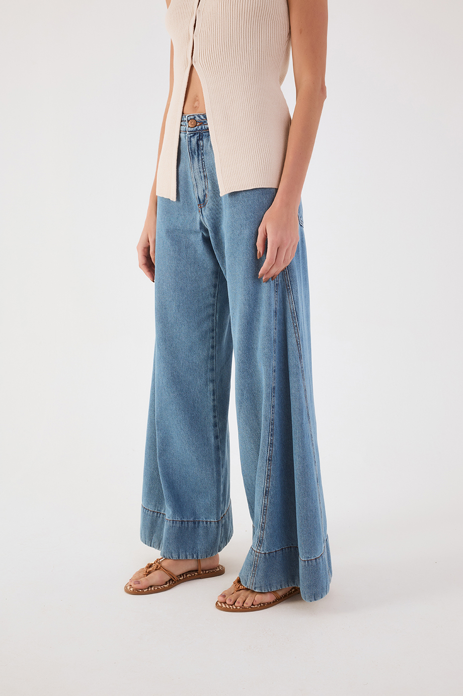 Denim Seam Detail Pockets Belt Loops Flare Pants