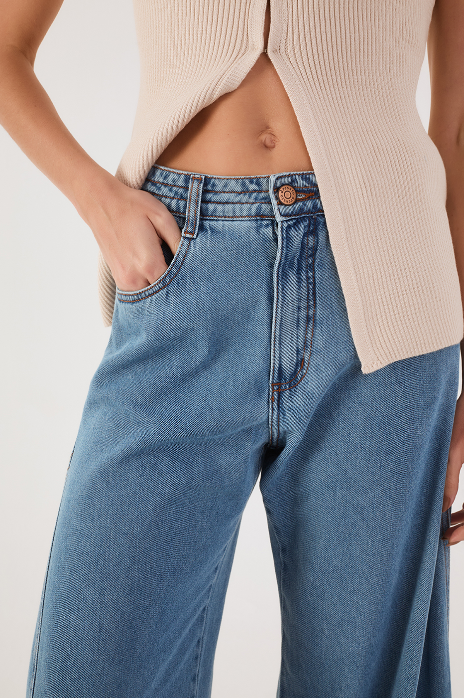 Denim Seam Detail Pockets Belt Loops Flare Pants
