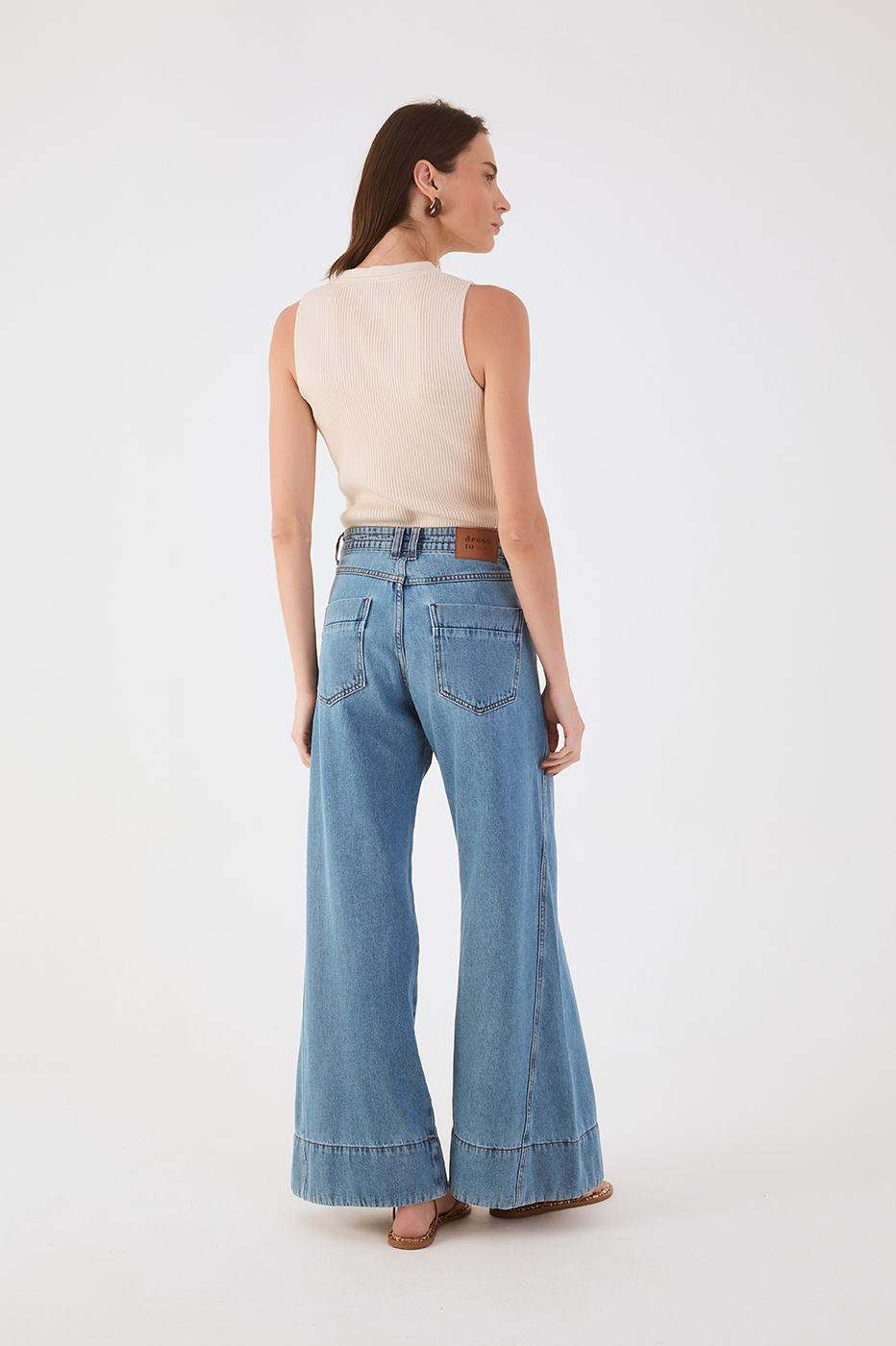 Denim Seam Detail Pockets Belt Loops Flare Pants