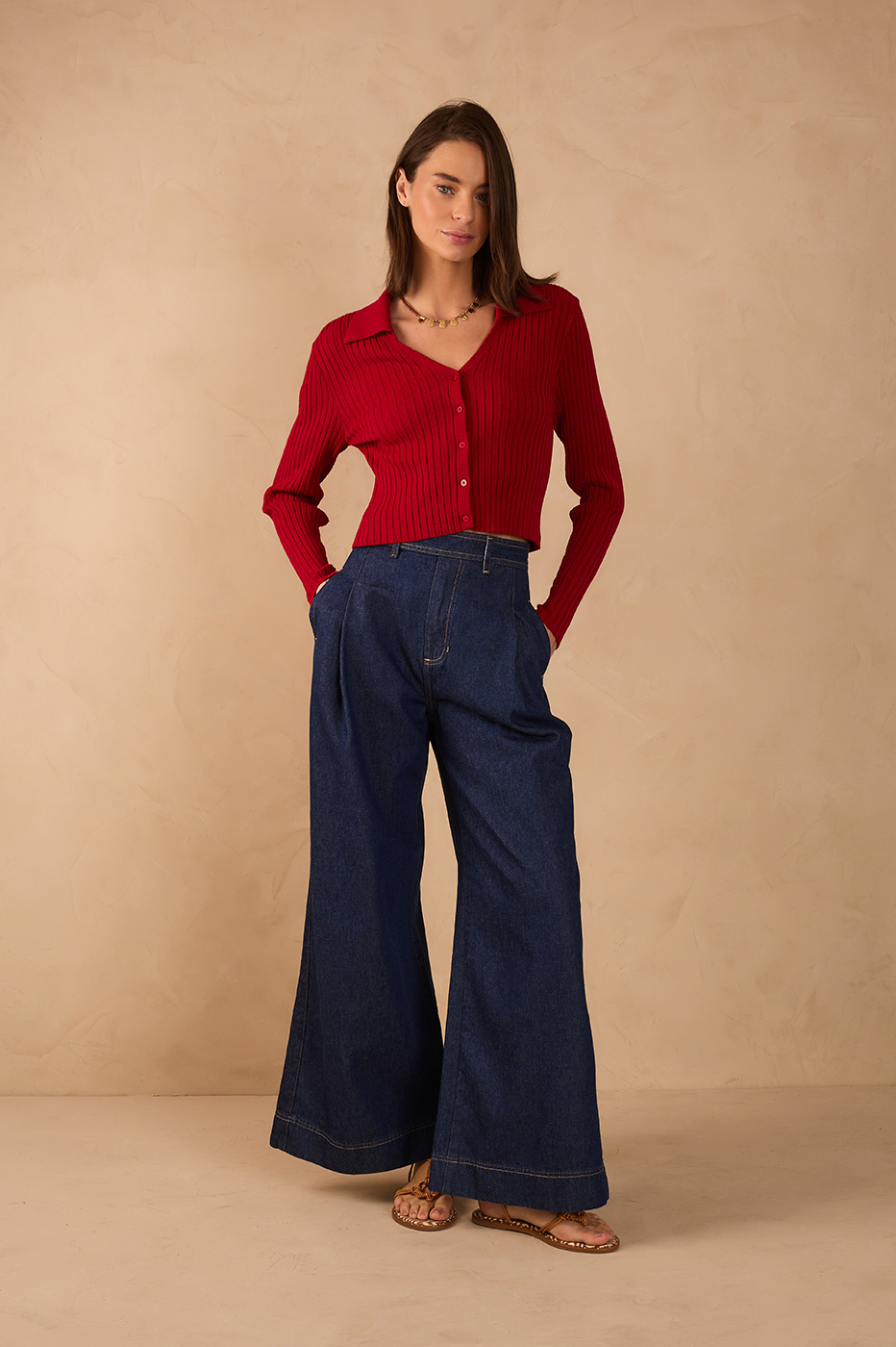 Denim Pleats Pockets Flare Pants