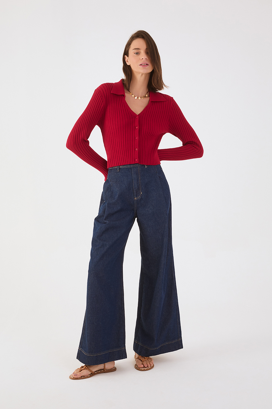 Denim Pleats Pockets Flare Pants
