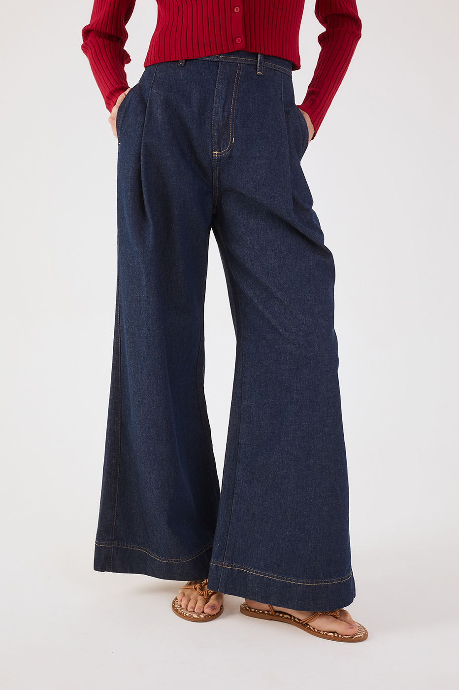 Denim Pleats Pockets Flare Pants