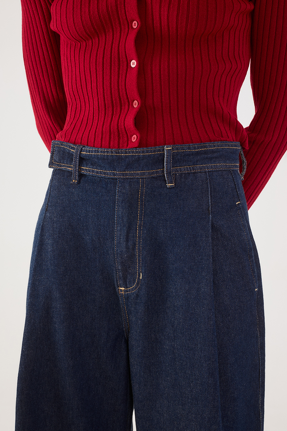 Denim Pleats Pockets Flare Pants