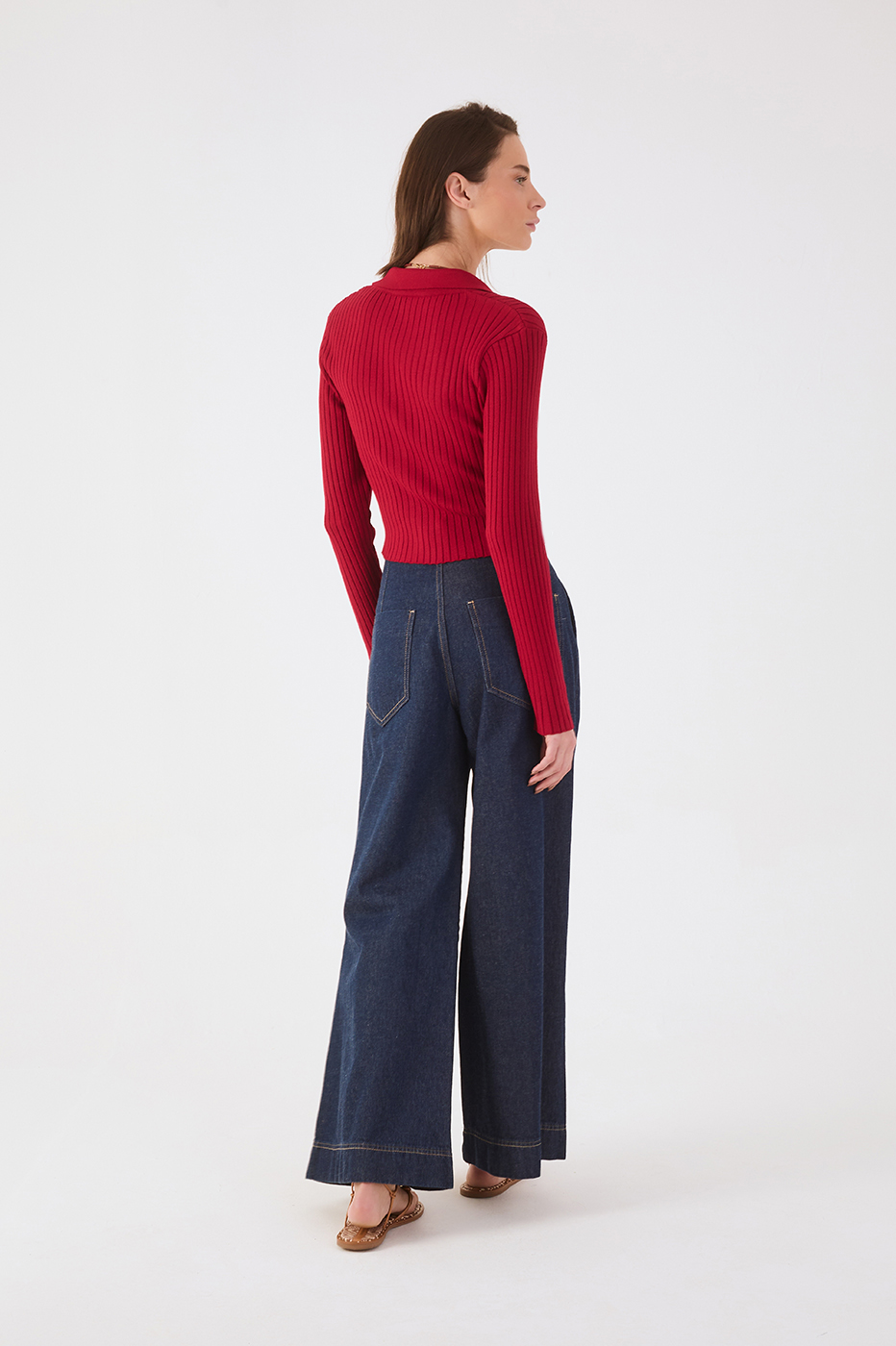 Denim Pleats Pockets Flare Pants