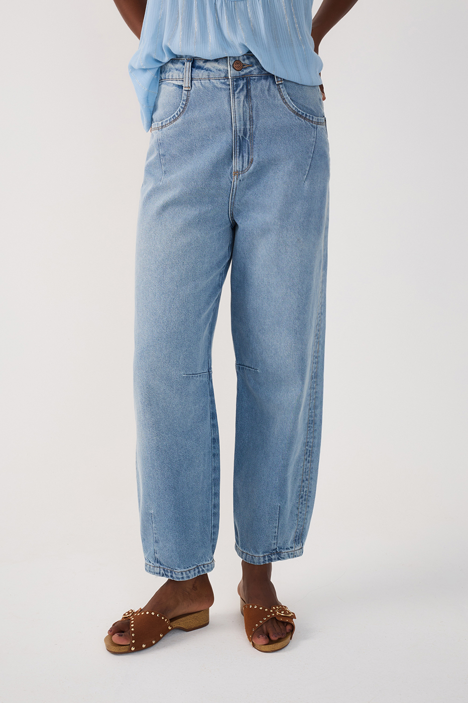 Barrel Leg Denim Topstitching Pants