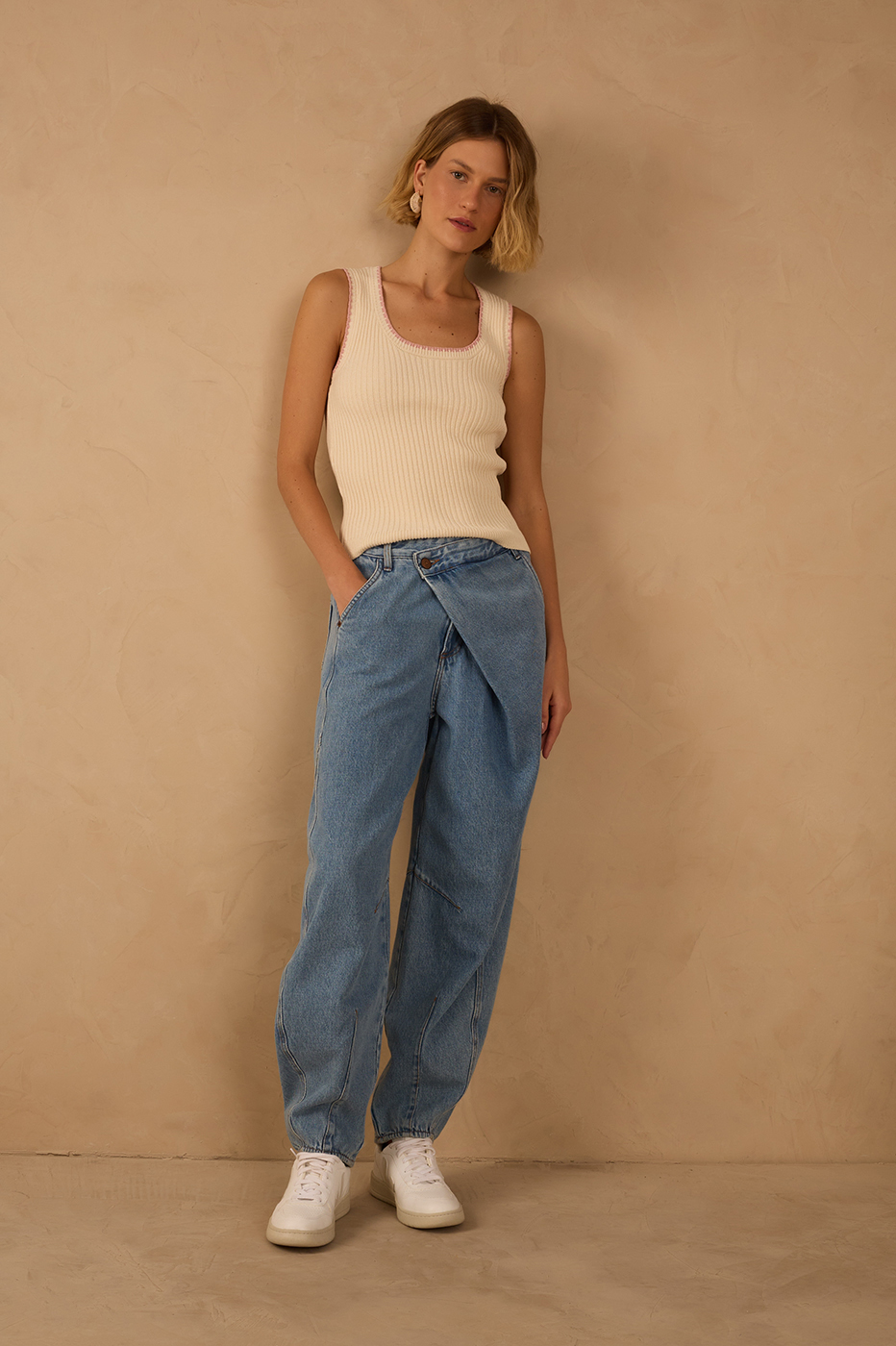 Barrel Leg Denim Overlapping Pants